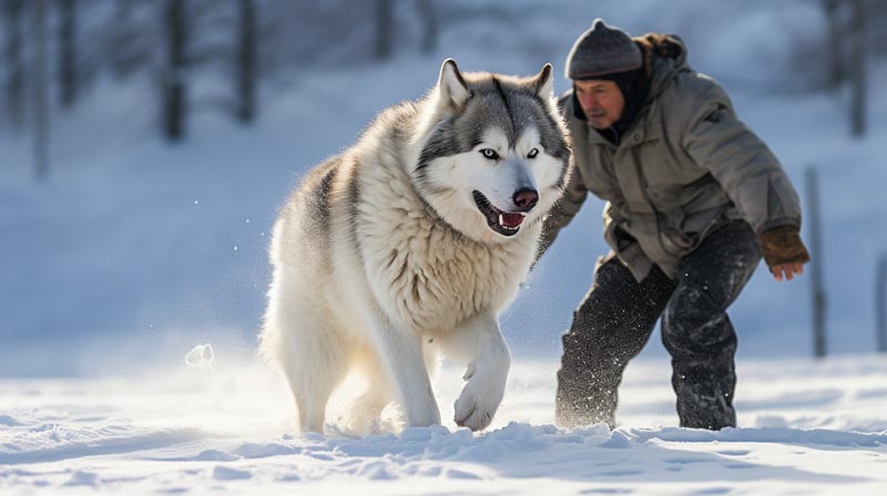 An Alaskan Malamute with a trainer instructing agility lessons
