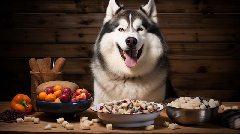 An adult Alaskan Malamute happily munching on a balanced meal containing meat fish vegetables and grain