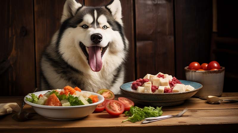 An adult Alaskan Malamute happily munching on a balanced meal containing meat fish vegetables and grains
