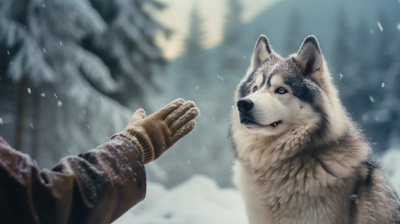 An attentive Alaskan Malamute in a snowy landscape focused on a trainers hand