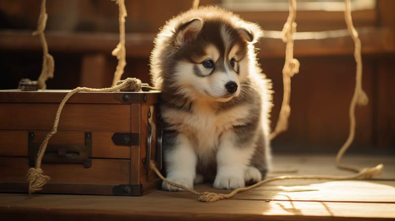 An attentive Alaskan Malamute puppy inside a crate with a leash dog treats