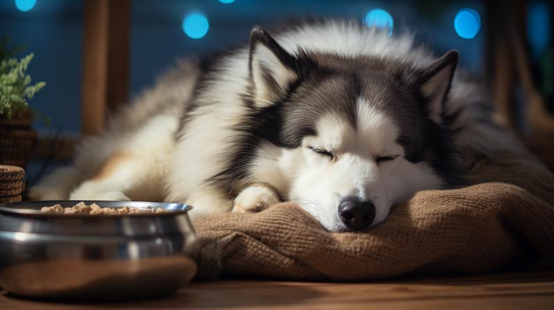 An elderly Alaskan Malamute peacefully resting on a blanket surrounded by nutritious dog food