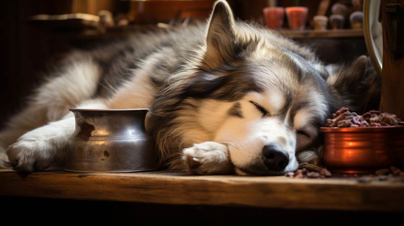 An elderly Alaskan Malamute peacefully resting surrounded by nutritious dog food vitamins a water bowl