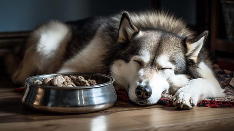 An elderly Alaskan Malamute peacefully resting surrounded by nutritious dog food