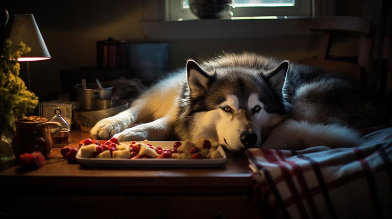 An elderly Alaskan Malamute resting peacefully on a cozy dog bed surrounded by soft lighting