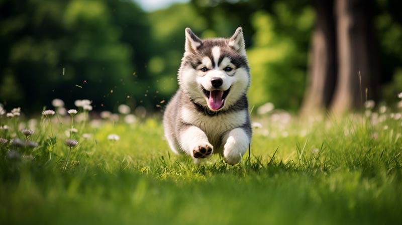 An energetic Alaskan Malamute puppy joyfully running through a lush green wide open park