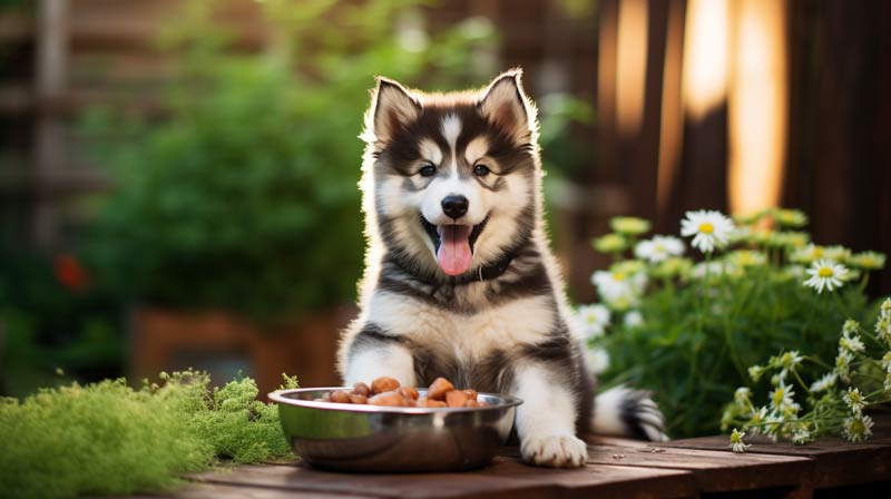 An energetic Alaskan Malamute puppy playing outdoors with a visible bowl of nutritious dog food