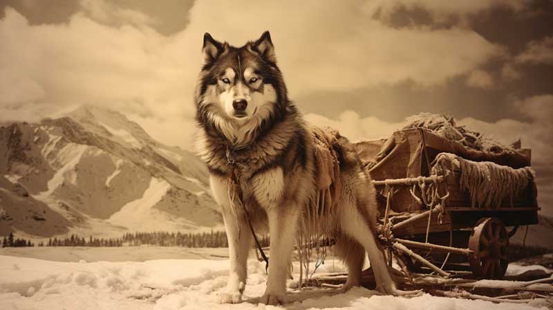 An old sepia toned image of an Alaskan Malamute pulling a sled