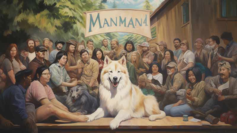 a diverse group of people gathered around a large Alaskan Malamute in a communal setting