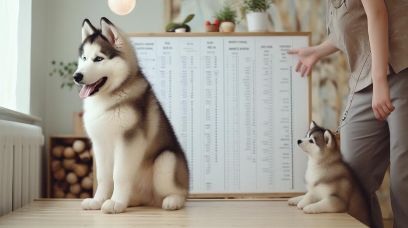 a healthy Alaskan Malamute puppy standing next to a height chart with a vet examining it and a growth chart