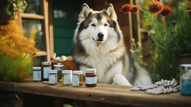a mature Alaskan Malamute in a serene outdoor setting being gently examined by a veterinarian