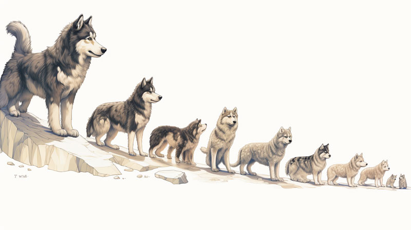 a timeline with illustrations of an Alaskan Malamute puppy at different stages of social development