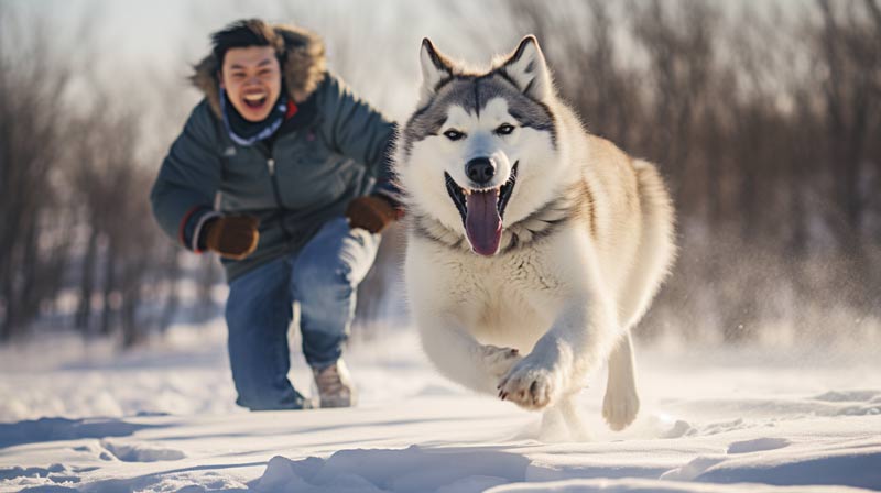 an Alaskan Malamute and its owner engaged in a playful training session on a snow covered Alaskan landscape