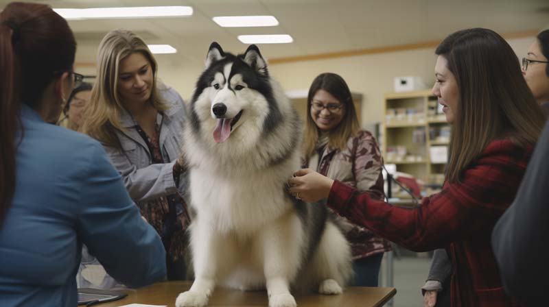 an Alaskan Malamute being gently examined by a veterinarian with a diverse group of Malamute owners