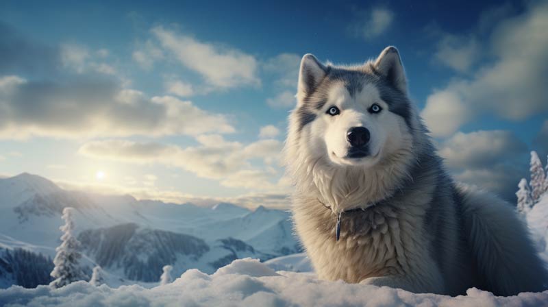 an Alaskan Malamute evolving from a sled dog in icy Alaskan terrain