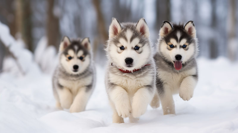 an Alaskan Malamute puppy at three different growth stages