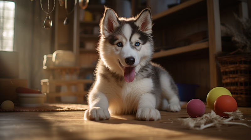an Alaskan Malamute puppy interacting with various objects