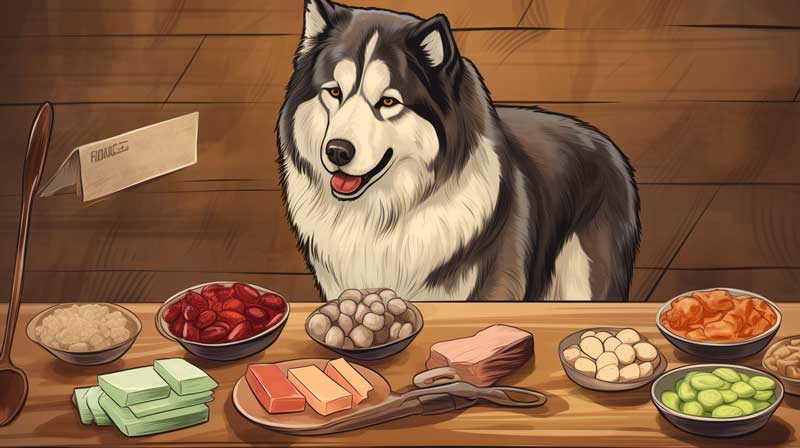 an Alaskan Malamute sniffing various dog foods