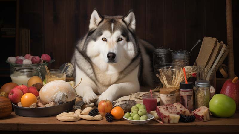 an Alaskan Malamute with a worried expression surrounded by food items indicating common dietary concerns