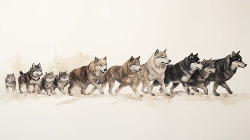 an ancestral timeline of Alaskan Malamutes with evolving silhouettes
