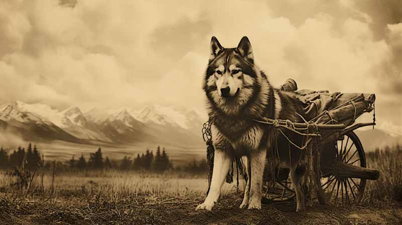 an old sepia toned image of an Alaskan Malamute pulling a sled, with faded ancestral artifacts