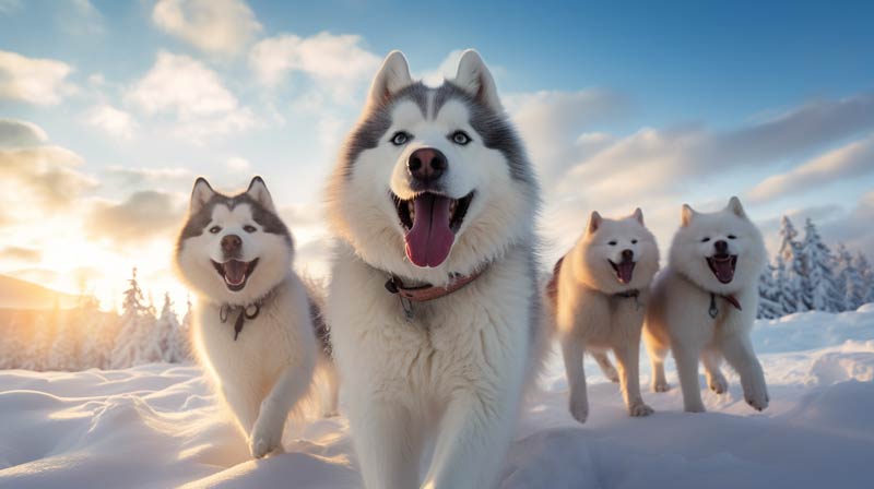 group of Alaskan Malamutes playing in a snowy landscape