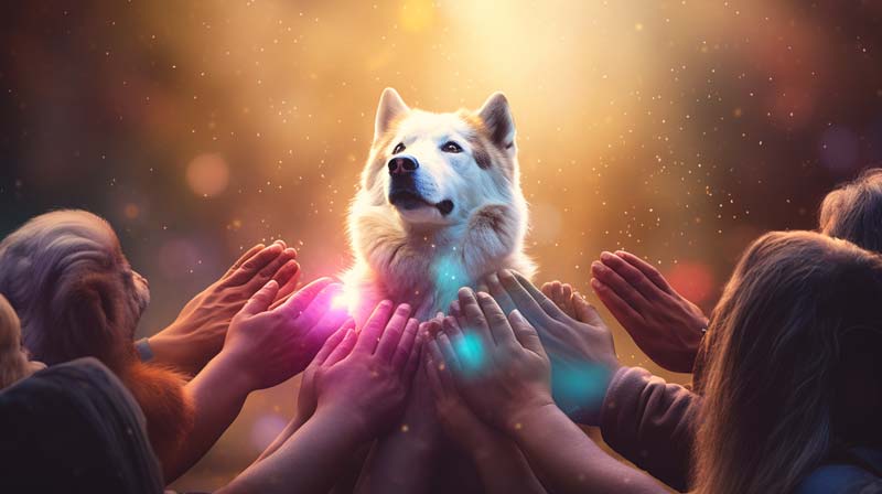 hands reaching out to an Alaskan Malamute symbolizing community support
