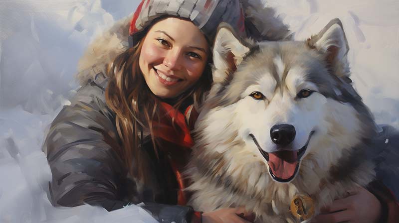 individuals in a warm welcoming environment cradling Alaskan Malamutes in their arms